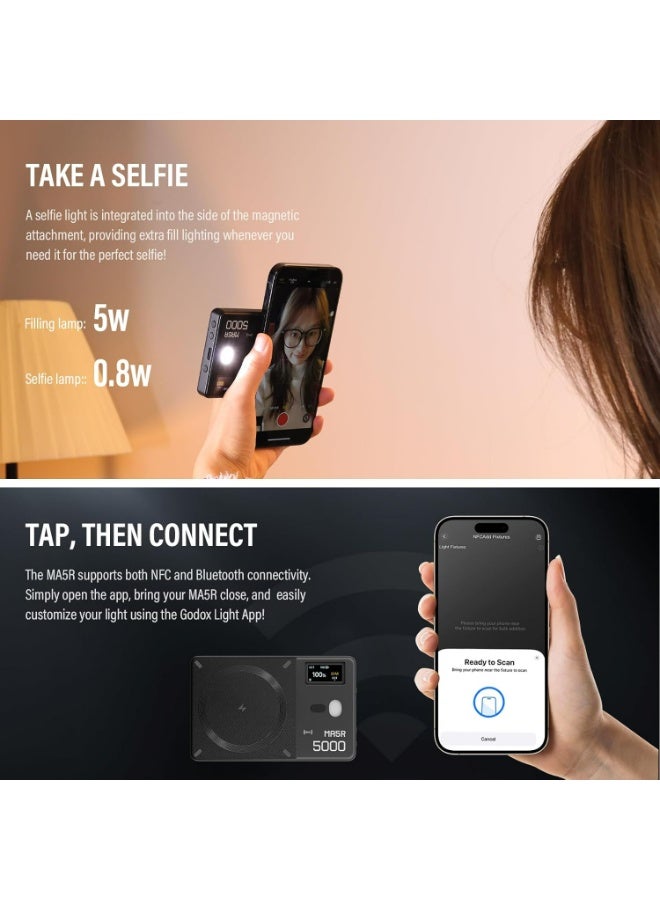 Godox ضوء فيديو ملون كامل RGB مغناطيسي Godox MA5R، 1800K-10000K 14 تأثيرات مسبقة البرمجة ضوء LED للتصوير الذاتي لكاميرا DSLR (أسود) - Image 5